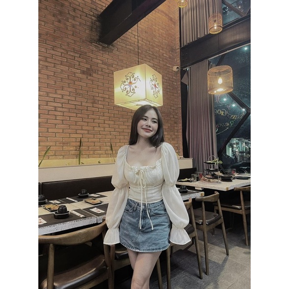 Áo Dài Tay Cổ Vuông Be Xinh