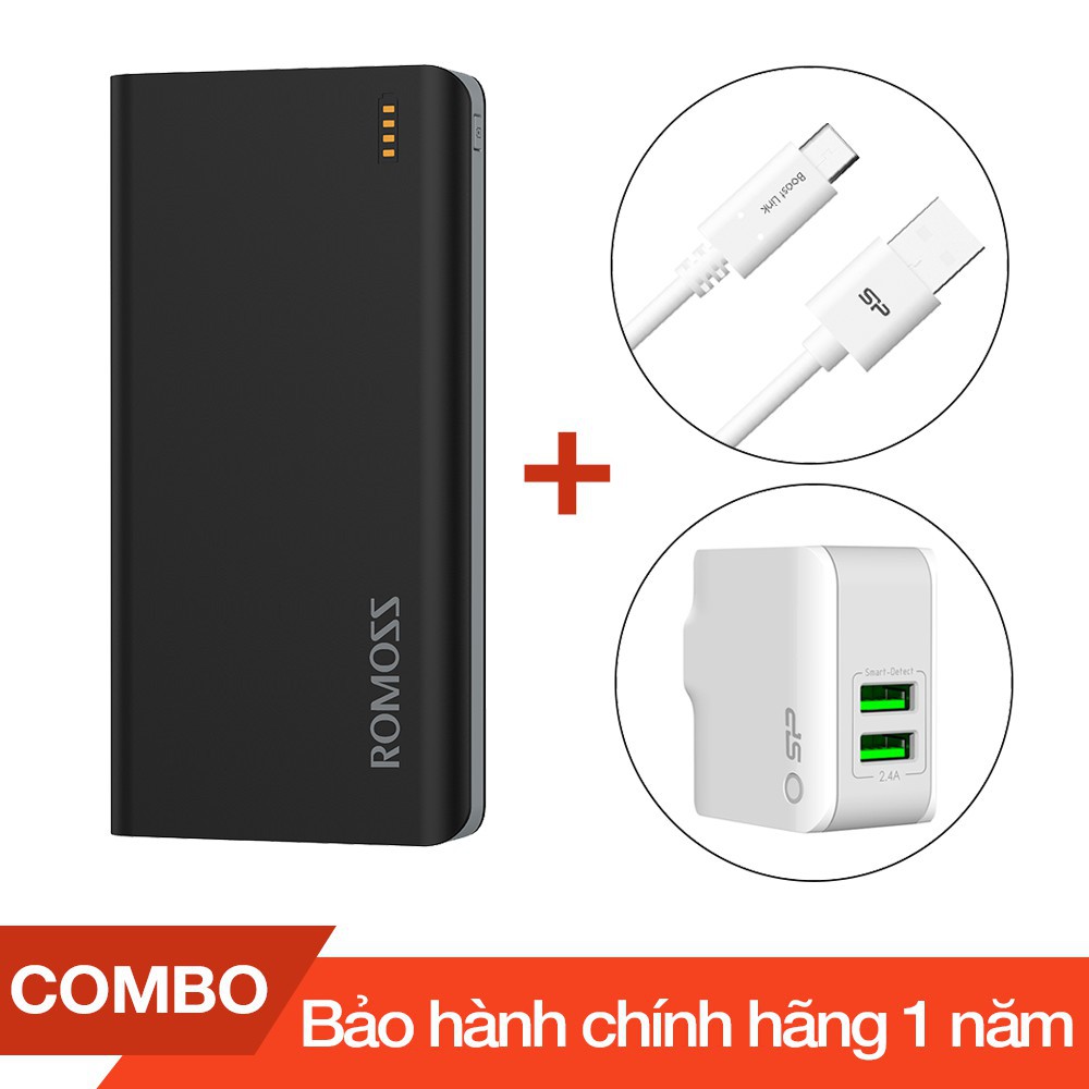 Combo Pin sạc dự phòng 20000mAh Solit 20 Romoss + Cáp sạc Type-C Silicon dài 1m + Cốc sạc 2 cổng USB 2.4A - Chính hãng