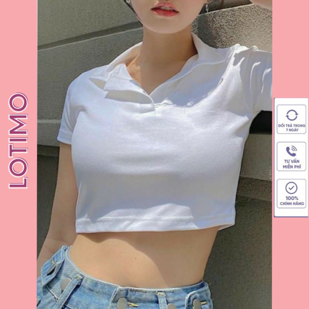 Áo croptop polo nữ LOTIMO áo croptop trắng kiểu ôm tay ngắn có cổ loại dày co giãn tốt AD03