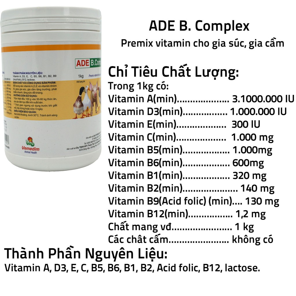 Vemedim ADE B.Complex – Premix vitamin cho gia súc, gia cầm (hộp 1kg)