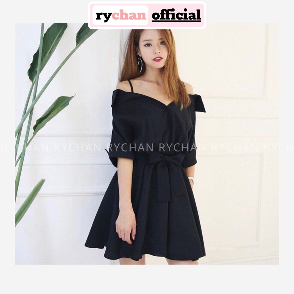DX257 - Đầm Xòe Đen Trễ Vai 2 Dây Nơ Eo