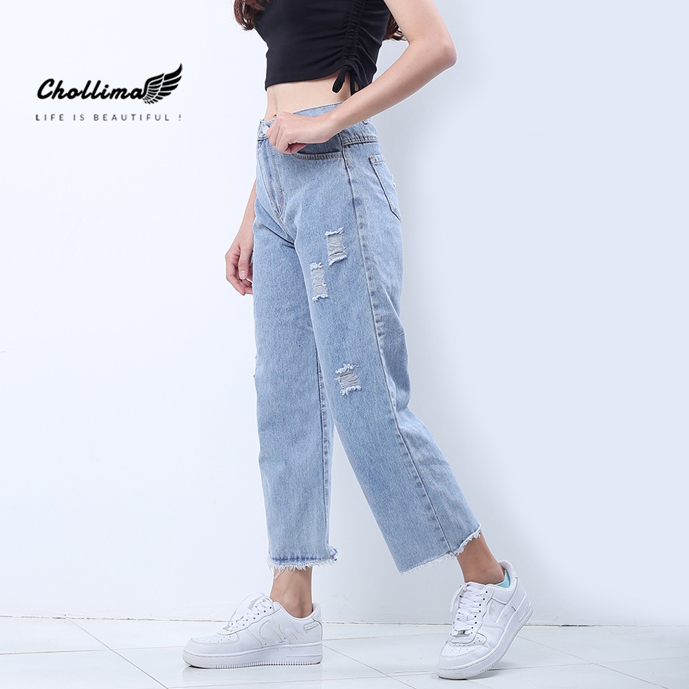 Quần baggy jeans nữ Chollima ống rộng tua lai màu xám trắng rách QD027