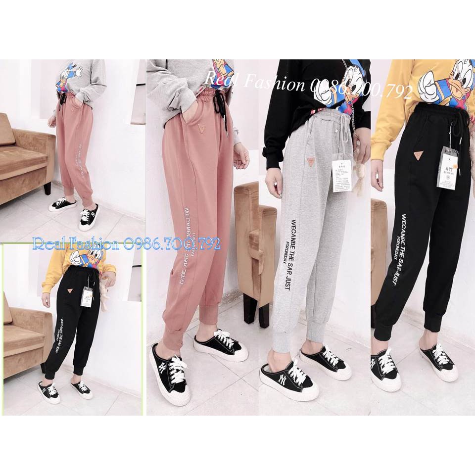 Quần jogger nữ bo gấu thêu chữ đính logo vải nỉ da cá quảng châu,vải dày dặn đanh mịn không bai xù Real Fashion
