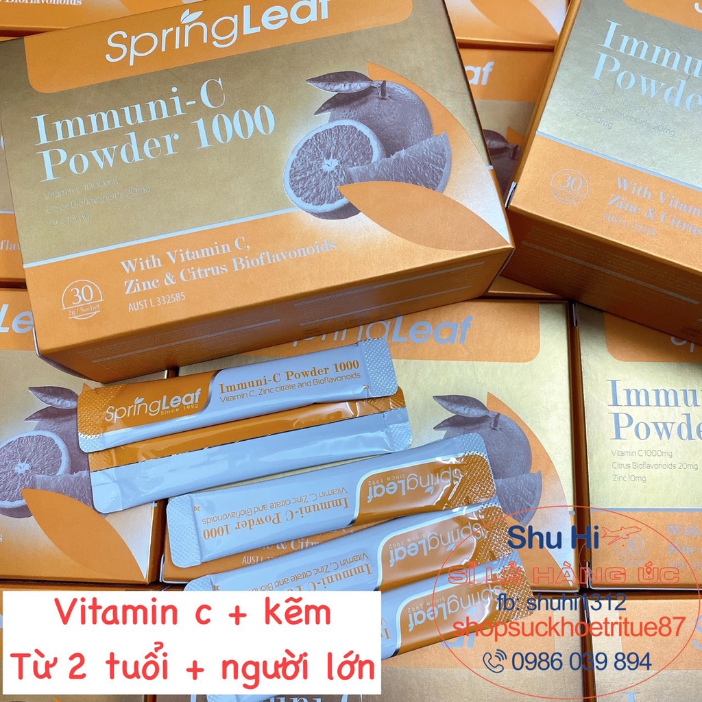 Vitamin c và kẽm cho bé từ 2 tuổi và người lớn dạng bột hộp 30 gói, spring leaf immuni c powder úc