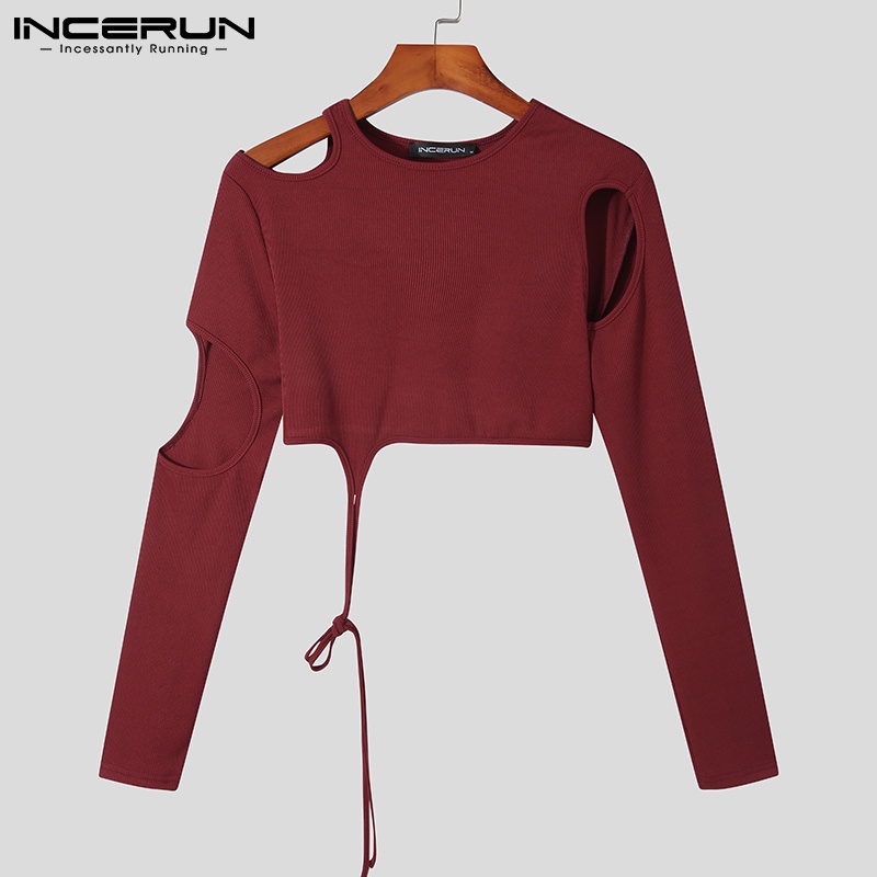 Áo thun nam INCERUN dáng lửng tay dài màu trơn khoét lỗ thời trang