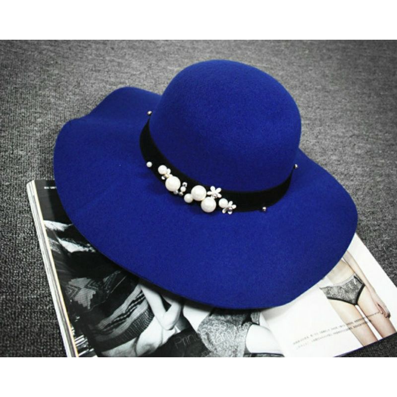 Mũ nón rộng vành nữ đi biển đẹp nỉ fedora màu xanh V22rv210 Lh 0917399527