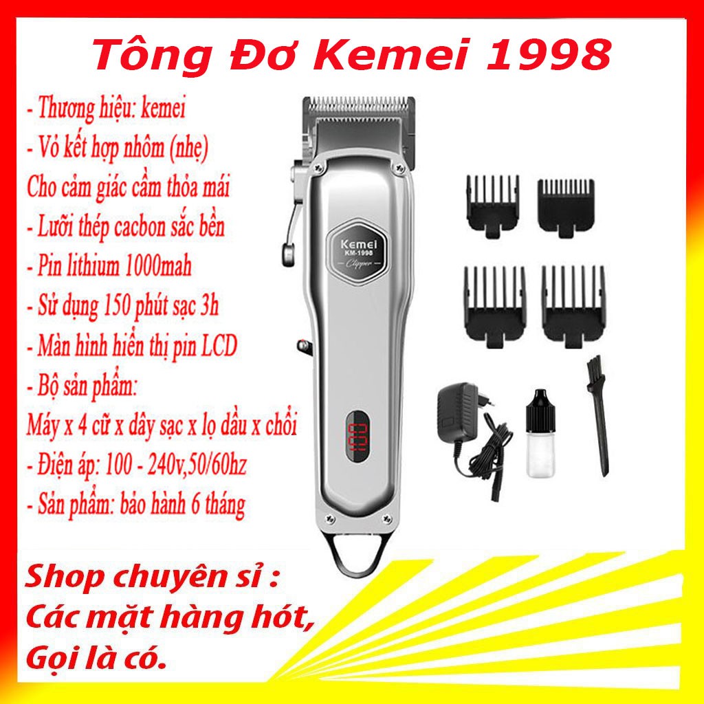 Tông đơ cắt tóc Kemei 1998 Chính Hãng Pin Lithium 2000mAh (HÀNG FULLBOX)