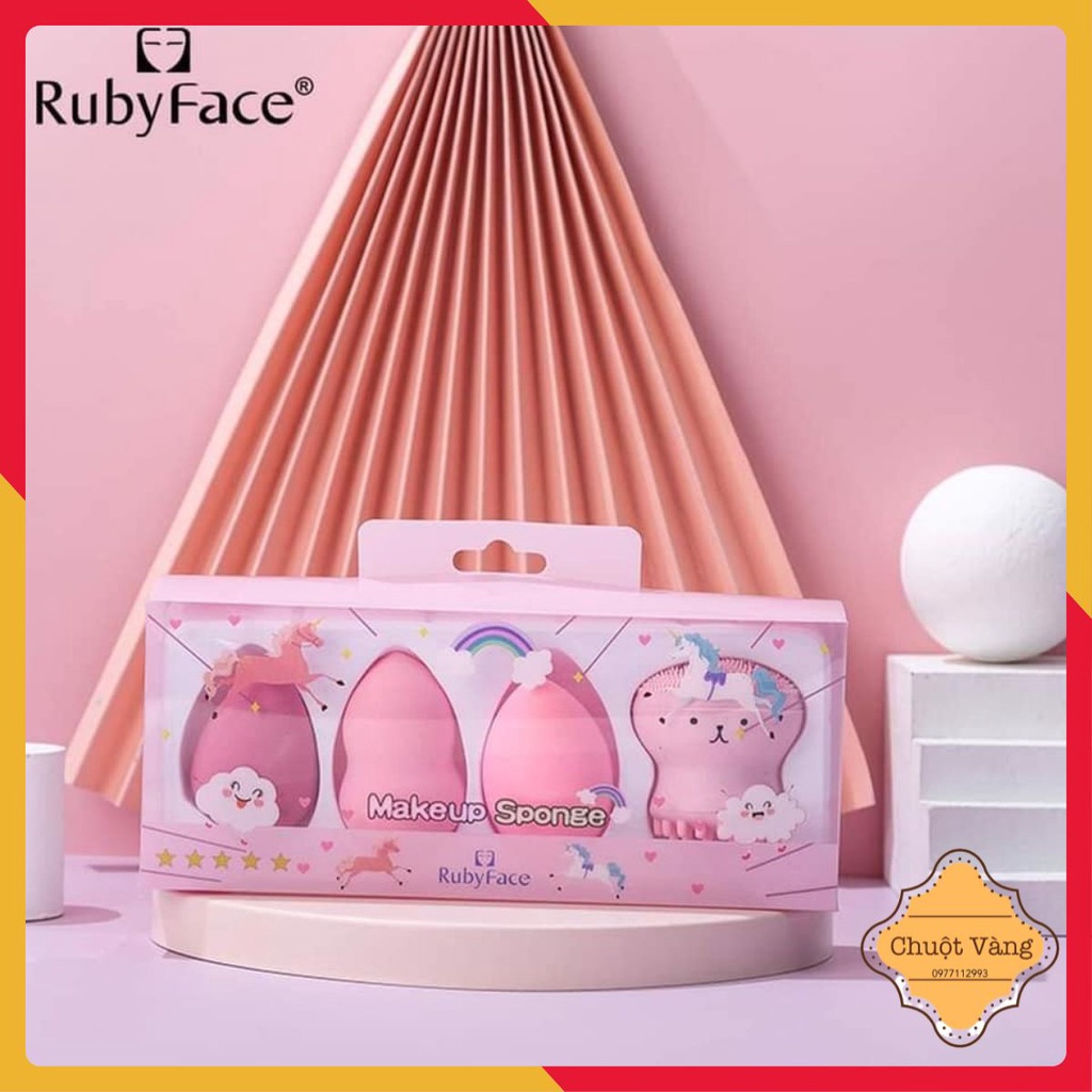 Set 3 bông mút trang điểm kèm 1 rửa mặt bạch tuộc Ruby Face