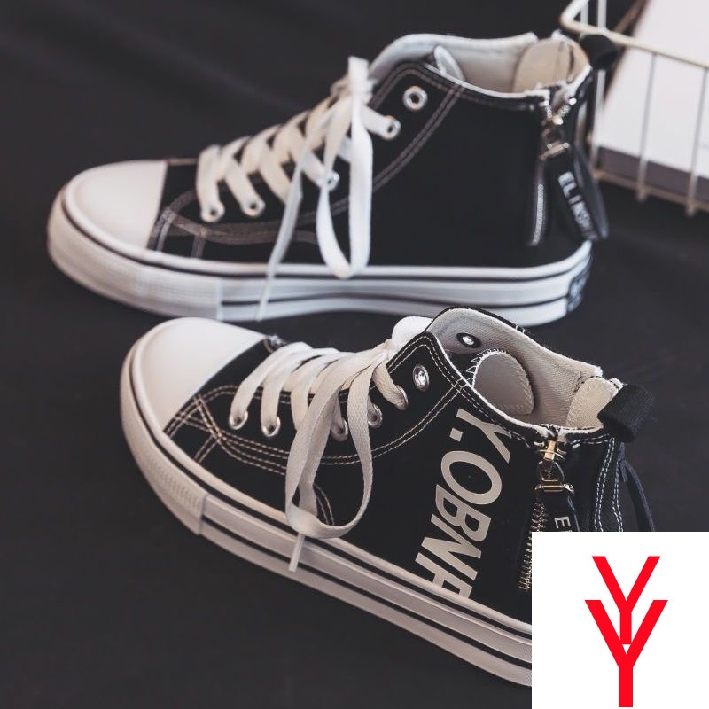 Giày Thể Thao Vải Canvas Cổ Cao Có Dây Kéo Bên Phong Cách Thể Thao Mới 2021 Cho Nữ Sinh