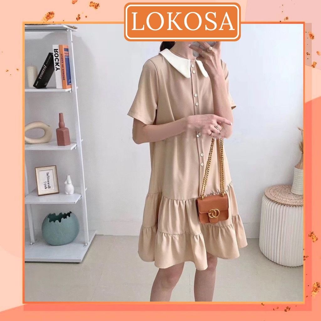 Váy Bầu Dự Tiệc LOKOSA Đầm công sở Babydoll Cổ Sơ Mi Thiết Kế dáng dài Suông Sang Trọng Trẻ Trung VD031