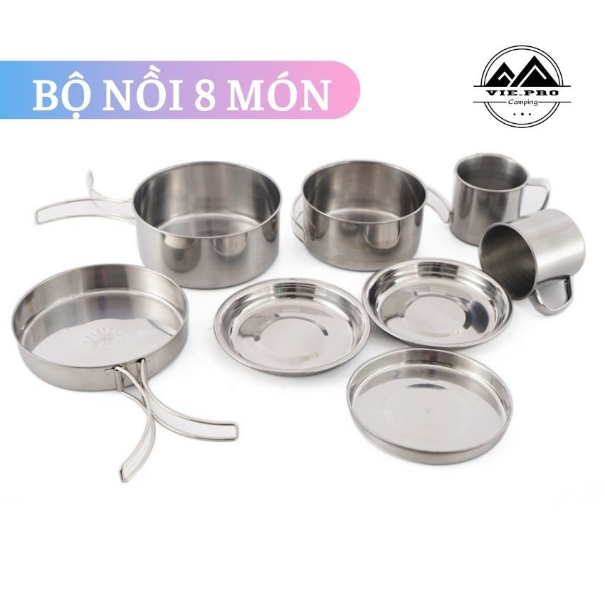 Bộ Nồi Inox 8 Món Gấp Gọn Nấu Ăn Khi Đi Du Lịch Cắm Trại Dã Ngoại Ngoài Trời Siêu Tiện Lợi