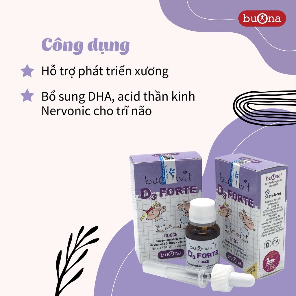 Buonavit D3 Forte lọ 12ml (Ý). Bổ sung vitamin d và dha giúp phát triển chiều cao, trí não
