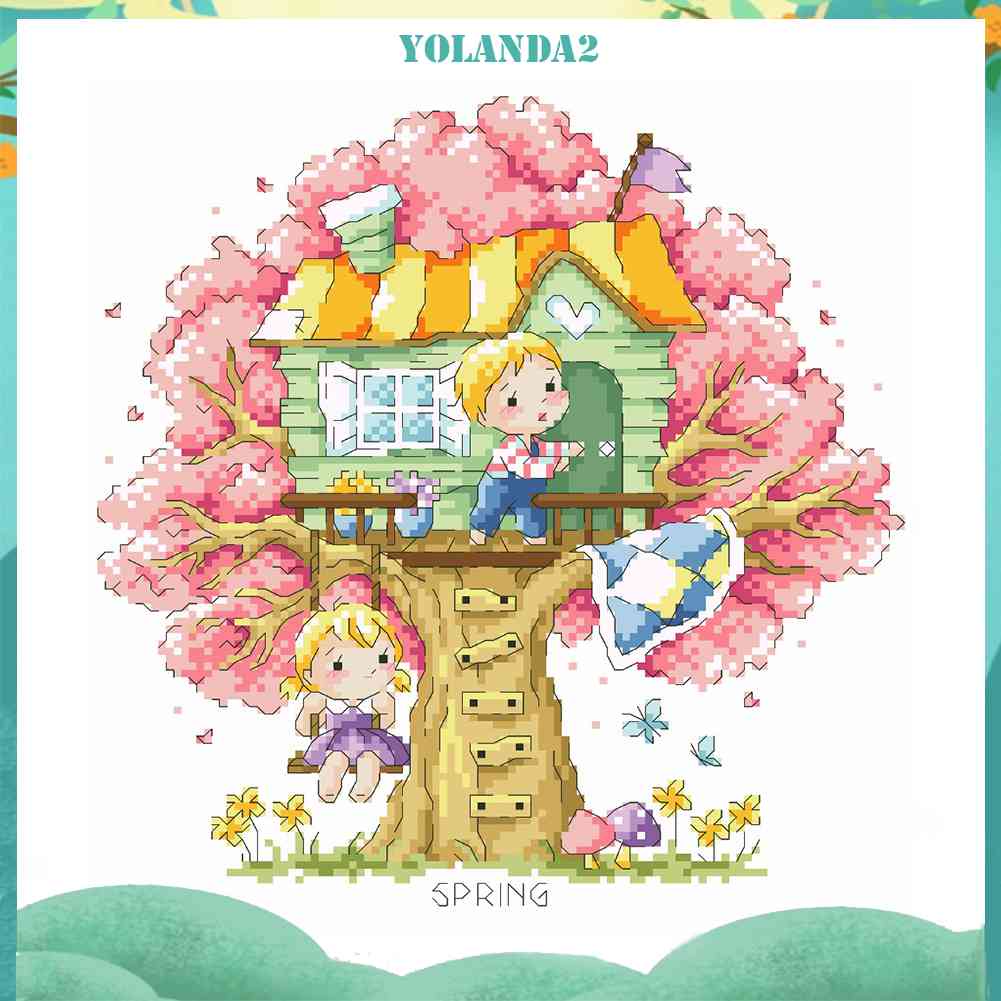 (canvas no printing)  Toàn Bộ Tranh Thêu Chữ Thập Họa Tiết Cây Bốn Mùa 14CT