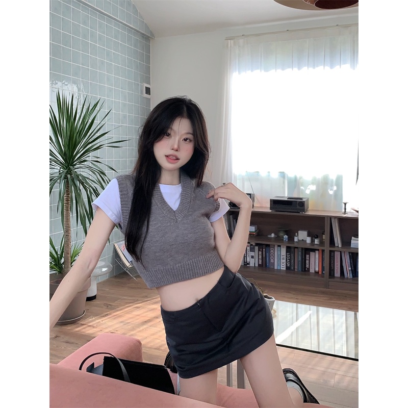 Xiaozhainv Áo crop top Dệt Kim Cổ Chữ V Phong Cách Hàn Quốc Có 3 Màu Lựa Chọn | BigBuy360 - bigbuy360.vn