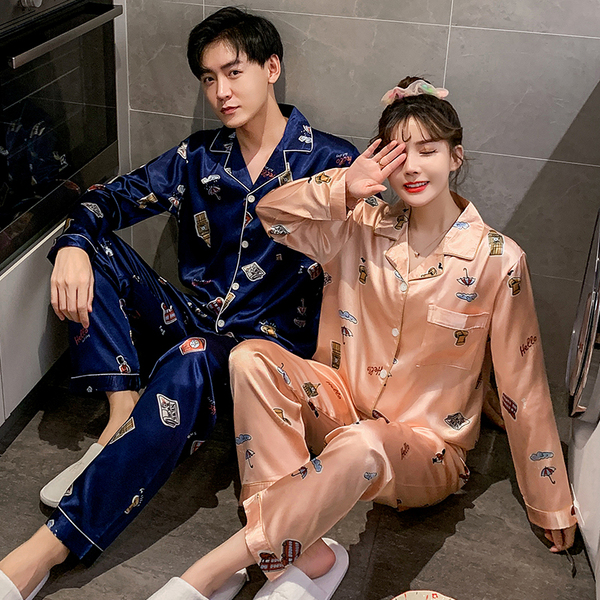 Bộ Đồ Ngủ Vải Phi Bóng Phong Cách Hàn Quốc Cho Cặp Đôi