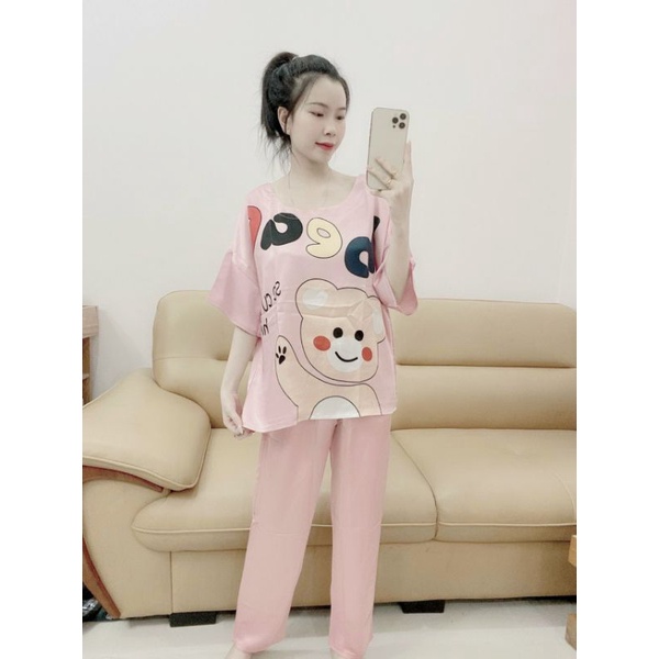 Set Bộ Satin Pijama Cổ Tròn Tay Lỡ Quần Dài Mặc Nhà Nữ