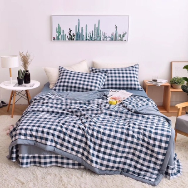 Bộ Chăn Ga Gối Cotton Đũi Kẻ HIN BEDDING Mềm Mịn Thấm Hút Mồ Hôi, Chăn Ga Gối Cotton Cao Cấp