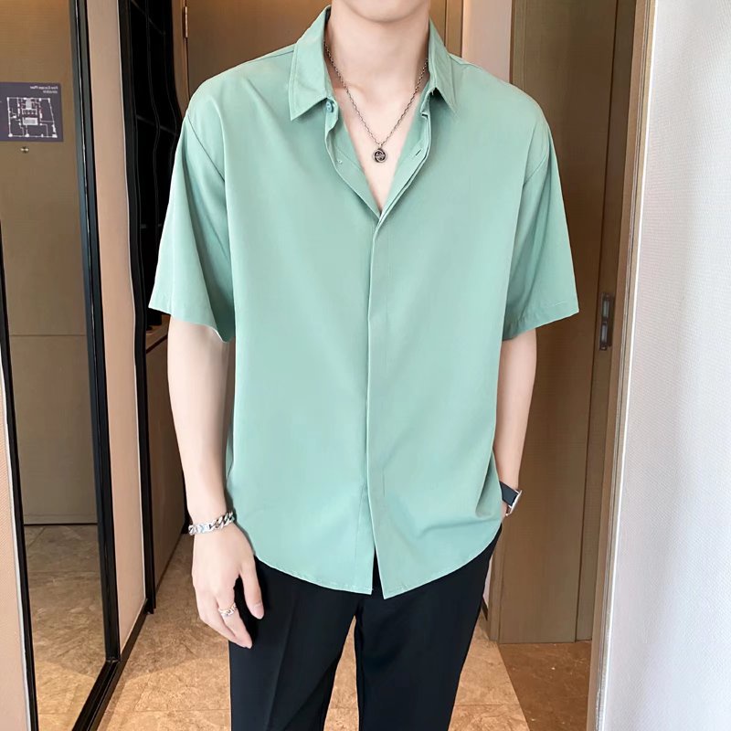 Áo Sơ Mi Tay Ngắn Dáng Rộng Màu Trơn Chống Nhăn Thời Trang Cho Nam