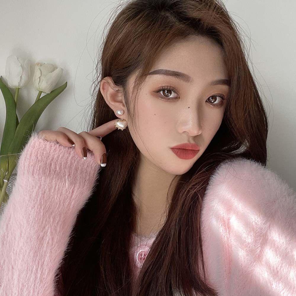 Bông Tai Hình Trái Tim Đính Ngọc Trai Đơn Giản Phong Cách Hàn Quốc