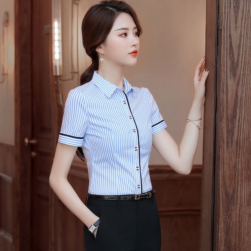 áo sơ mi nữ chuyên nghiệp tay ngắn 2019 mới công sở thời trang mùa hè quần cổ trắng sọc xanh