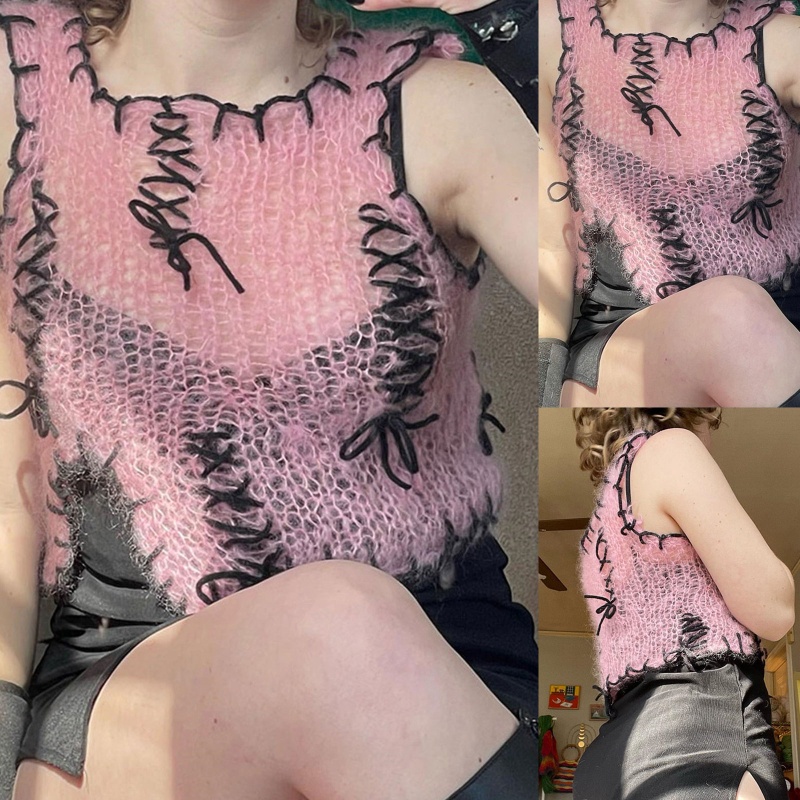 Áo Croptop Dệt Kim Phối Dây Đan Chéo Quyến Rũ Thời Trang Cho Nữ