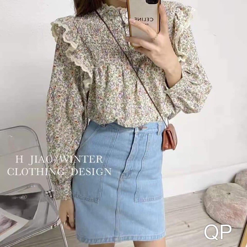 Áo sơ mi hoa chun ngực bèo vai