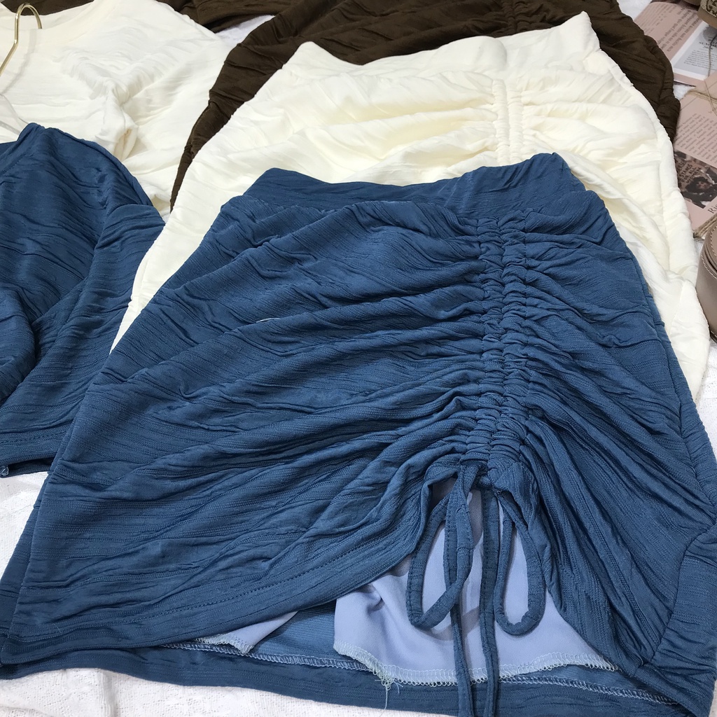 SET BỘ NỮ ÁO THUN COTTON CHÂN VÁY RÚT HÔNG CÁ TÍNH ĐI CHƠI ĐI PICNIC VỚI MÀU XANH, KEM, NÂU TRƠN