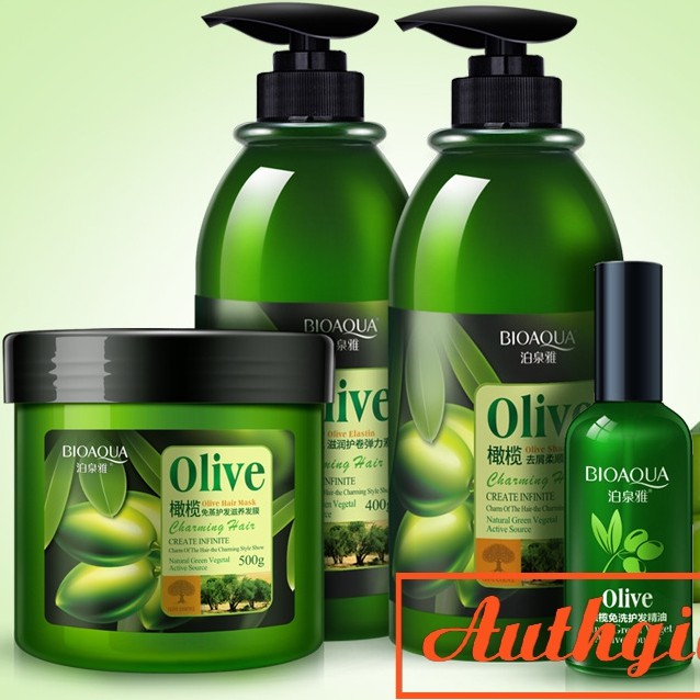 Siêu phẩm 4 BƯỚC dưỡng tóc Bioaqua Olive Gel bóp giữ nếp tóc xoăn dầu gội ủ xả dưỡng