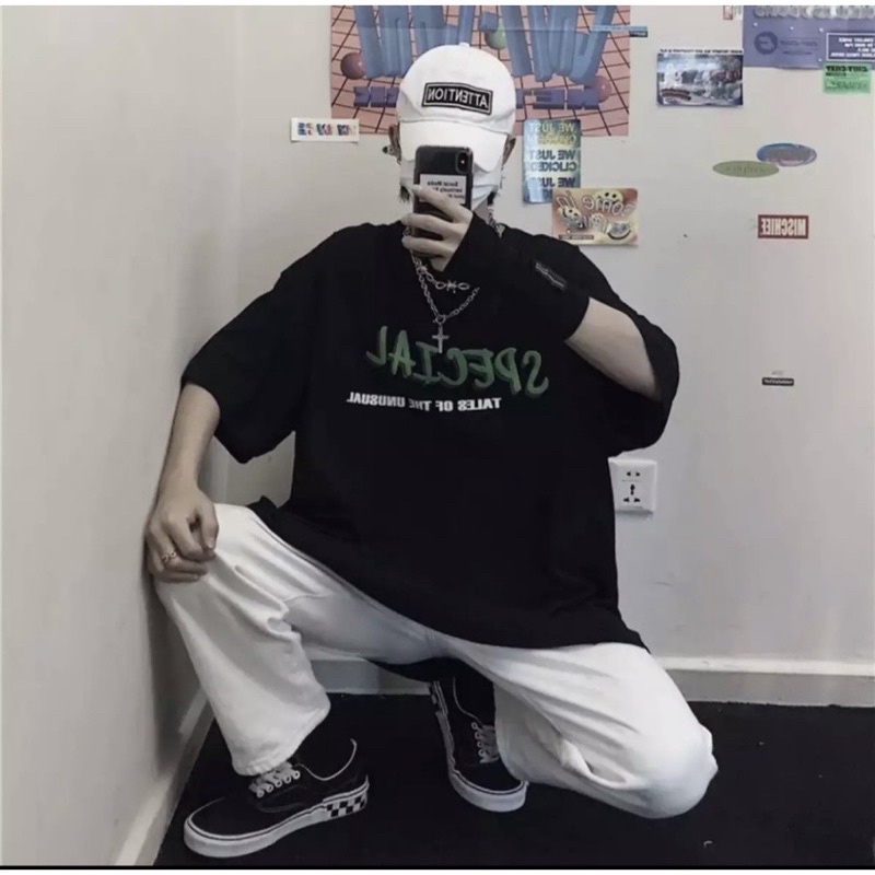 Áo thun unisex nam nữ tay lỡ form rộng cổ tròn in hình chữ