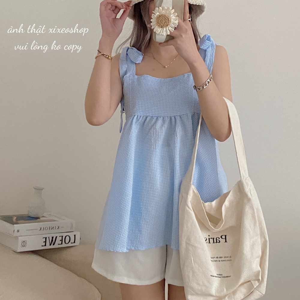 Set áo babydoll 2 dây kẻ xanh xốp kèm quần sooc trắng xixeoshop - V42