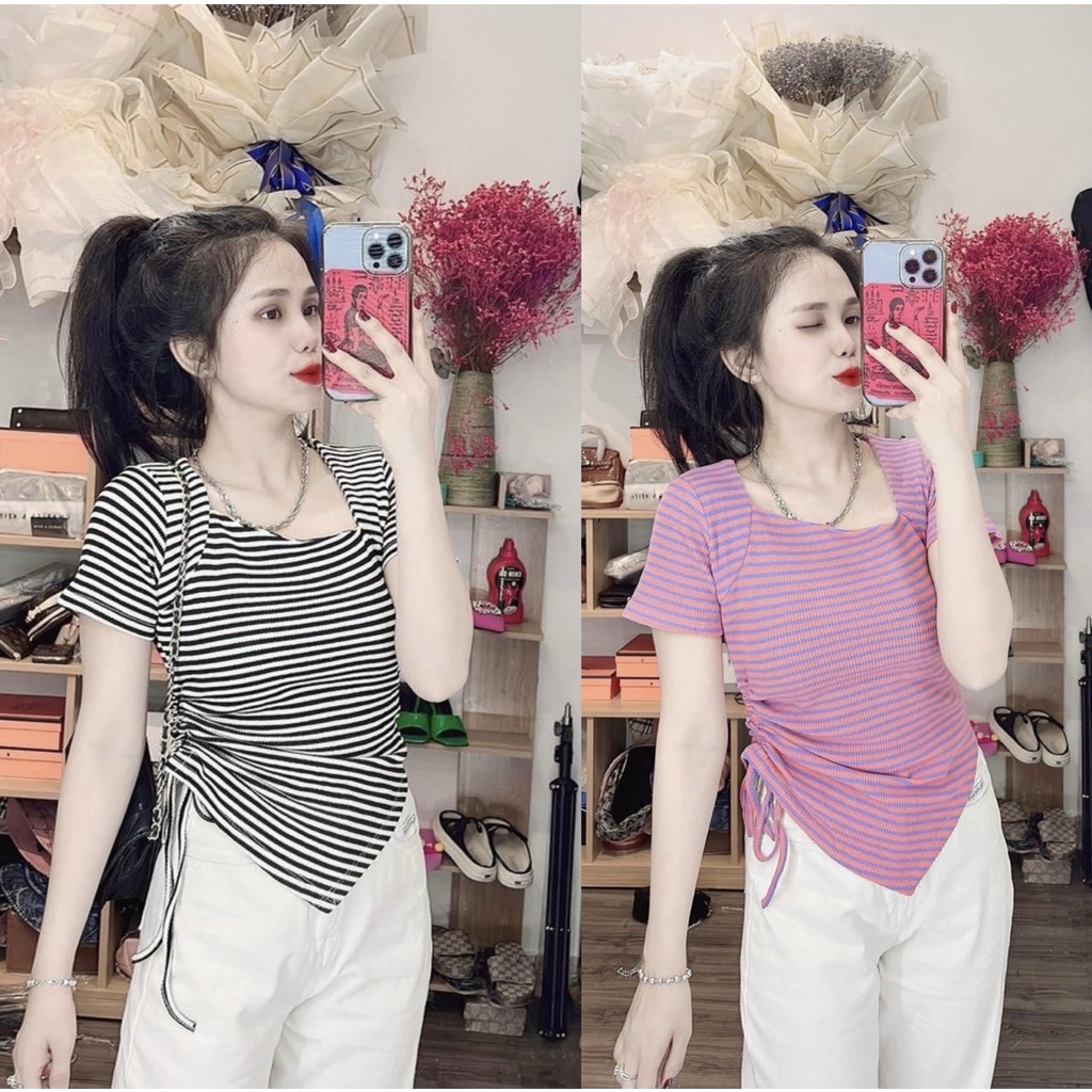 Áo thun body tay ngắn GÂN rút eo một bên