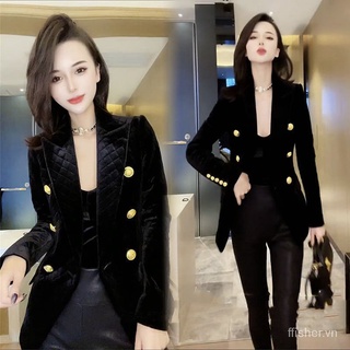 Áo khoác vest vải nhung dáng ôm cài khóa vàng thời trang thu đông mới cho nữ
