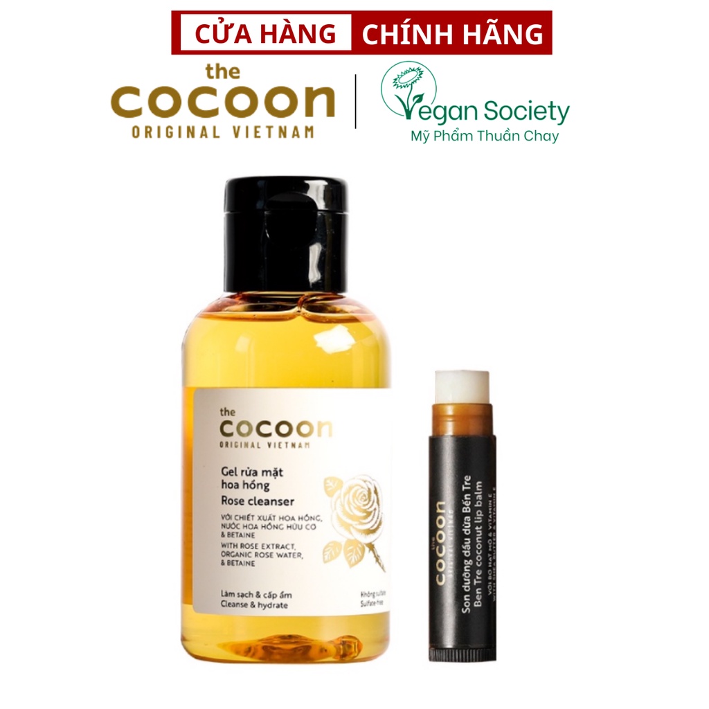 Combo gel rửa mặt hoa hồng cocoon 140ml + Son dưỡng môi dầu dừa bến tre cocoon 5g - Vegan Society