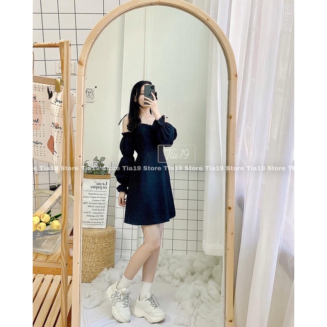 Váy hai dây rớt vai tay bo Tia19 . Đầm 2 dây tiểu thư ulzzang dài tay ( Ảnh thật)