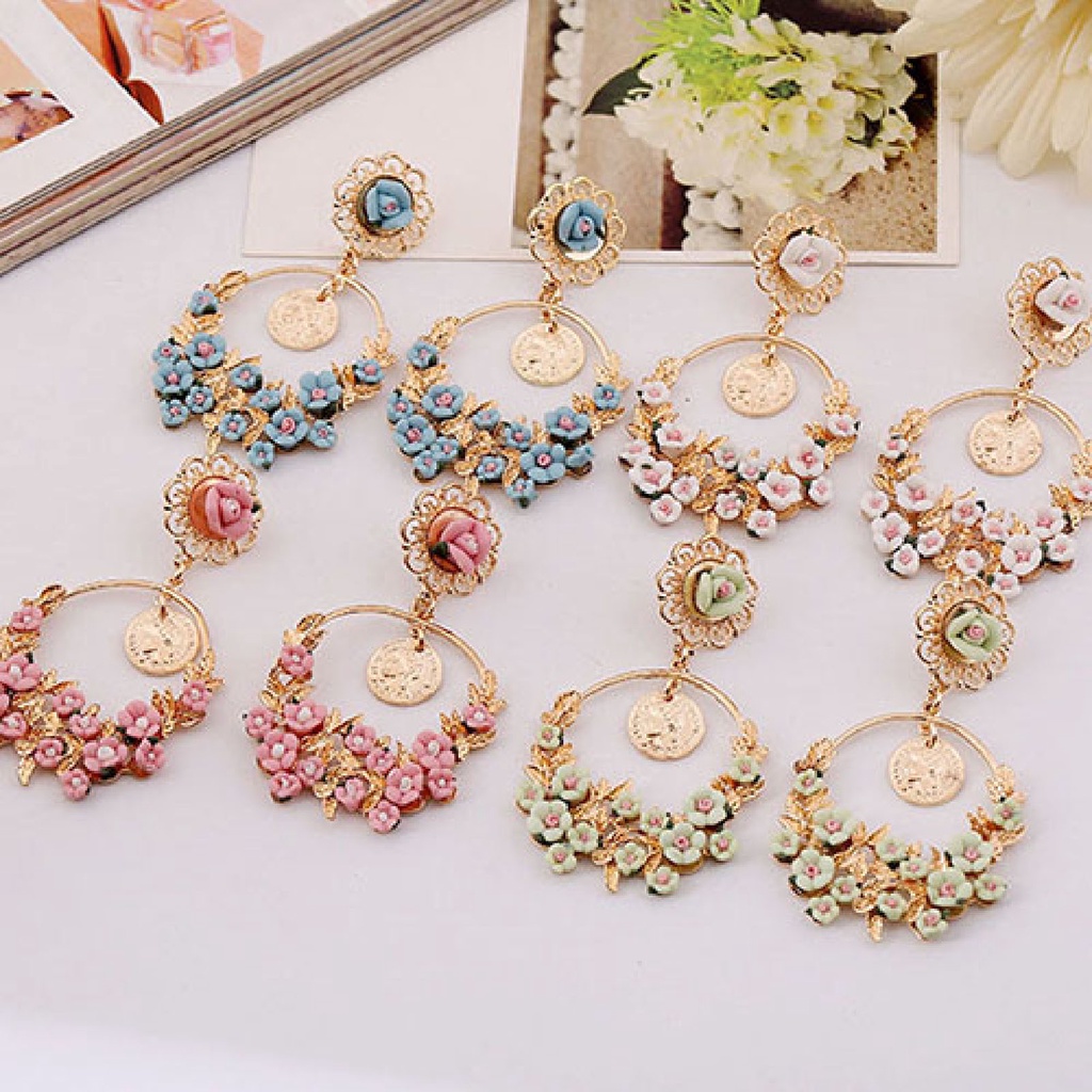 Bông tai hợp kim đính đá thiết kế hình hoa thời trang sang trọng