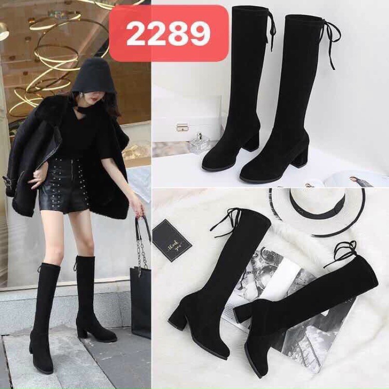 Boot đùi da lộn cổ lửng bắp chân gót vuông 7cm
