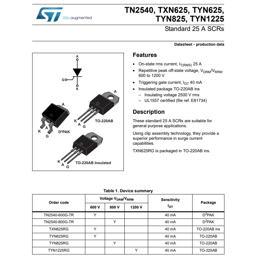 SCR TYN1225 25A 1200V TO-220 (1 con)