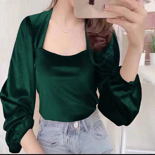 Áo Nhung Tay Dài Phồng Cổ Vuông Thời Trang Mùa Thu 2022 Dành Cho Nữ