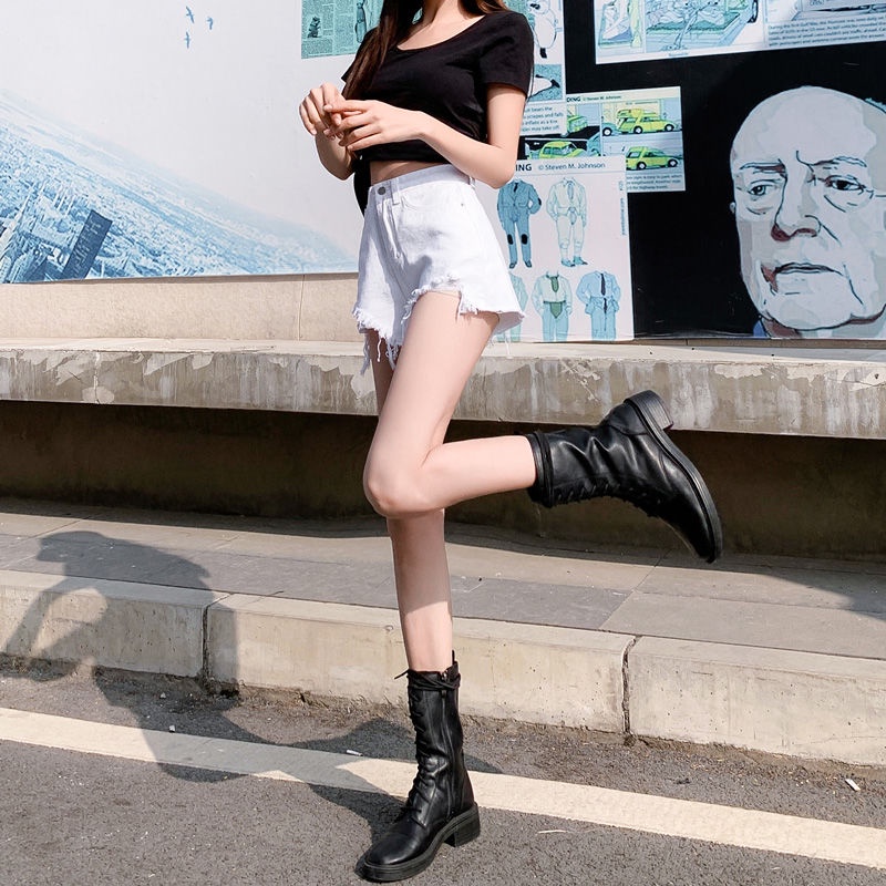 Jiashucheng Quần Short Denim Trắng Rách Dáng Rộng Lưng Cao Thời Trang Mùa Hè 2022 Phong Cách Mới Cho Nữ