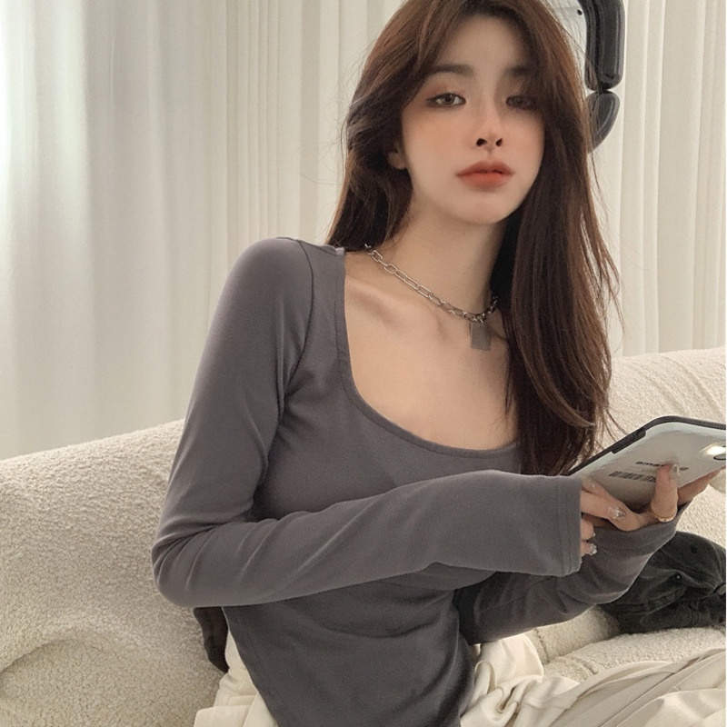 Áo Thun Tay Dài Cổ Chữ U Màu Sắc Đơn Giản Cho Nữ