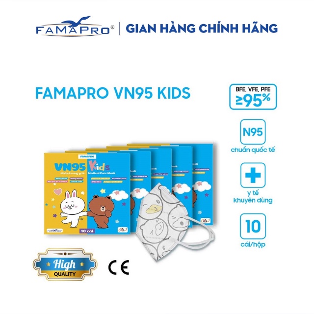 [COMBO 5 hộp] VN95 Kids Trẻ em từ 4-8 tuổi Khẩu trang y tế kháng khuẩn 4 lớp 10 cái/ hộp