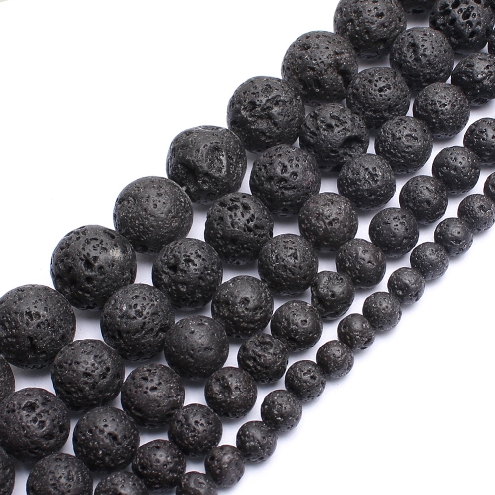 Chuỗi hạt đá nham thạch đen tự nhiên dùng làm phụ kiện thủ công 4/6/8/10/12mm