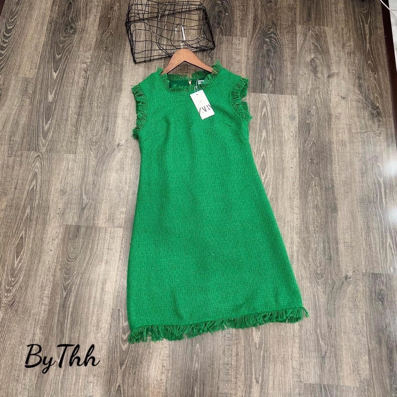 Bán sỉ váy xanh suông tweed tua zua