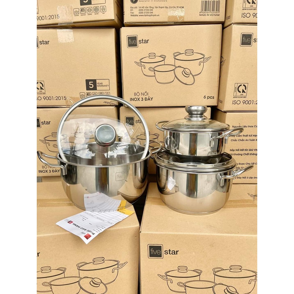 Bộ nồi inox 430 Fivestar Standard 3 đáy bếp từ nắp kính thân cool HÀNG CHÍNH HÃNG BẢO HÀNH 5 NĂM