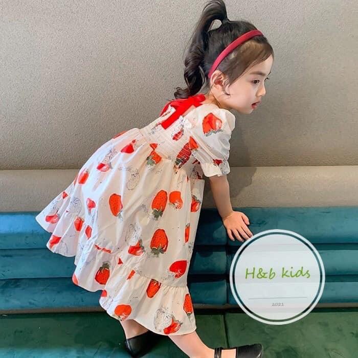 Váy dâu tây cho bé gái từ 8-18kg Kidbabyonline K112- Váy bé gái vải thô siêu mát