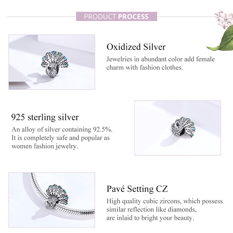 Hạt Trang Sức Bamoer bạc Hình Chim Công 3d Sang Trọng Cỡ 3mm