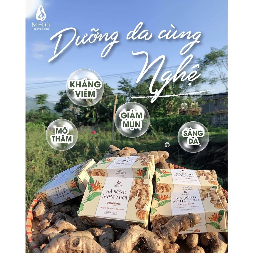 Xà bông nghệ MELA chính hãng, xà phòng nghệ tươi comnbo 2 bánh tặng 1 túi tạo bọt