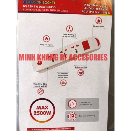 Ổ cắm Điện Quang 3 lỗ 3 chấu 2xUSB DBW103USB