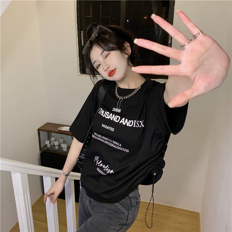 Áo Thun Tay Ngắn In Chữ Phối Dây Rút Thời Trang Cá Tính