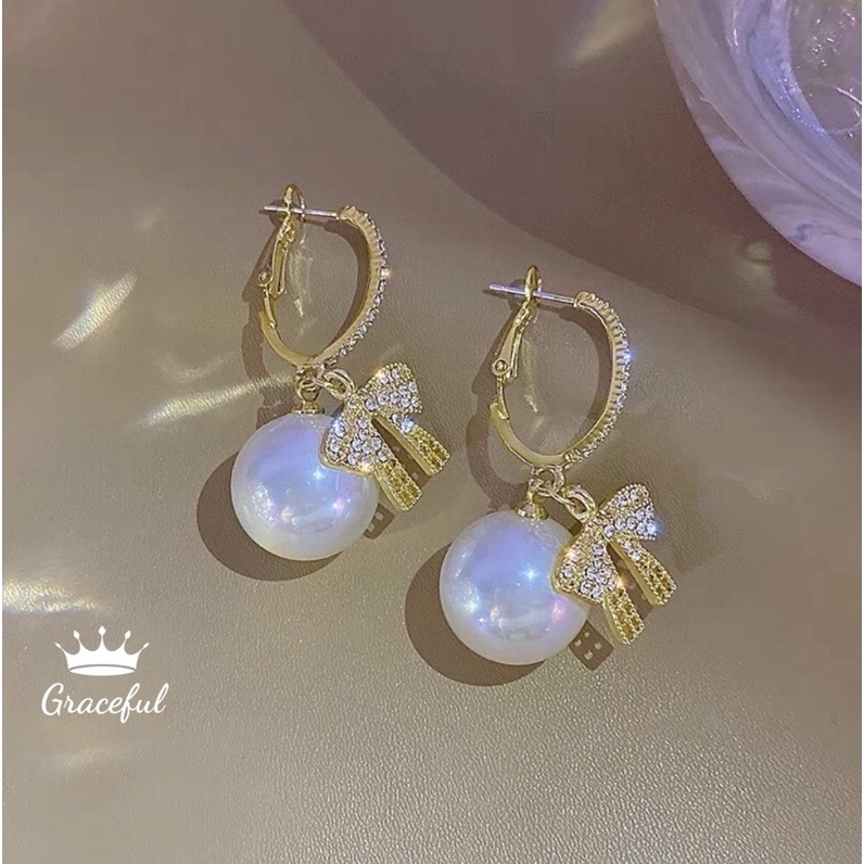 Bông tai nữ Hàn Quốc Graceful ngọc trai đính nơ, khuyên tai nữ chuôi bạc S925, hoa tai nữ sang chảnh